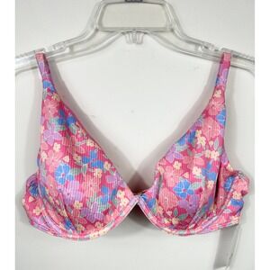 Hollister Pink Floral Ribbed Plunge Underwire Bikini Top XL NWT Gold Accent